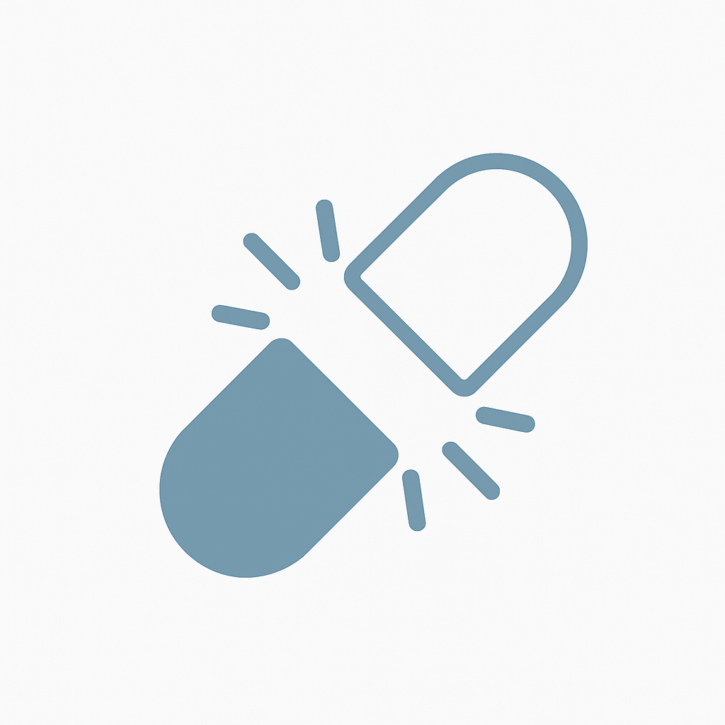 Split capsule icon with lines radiating outward, illustrating support for addiction recovery and neurochemical balance.