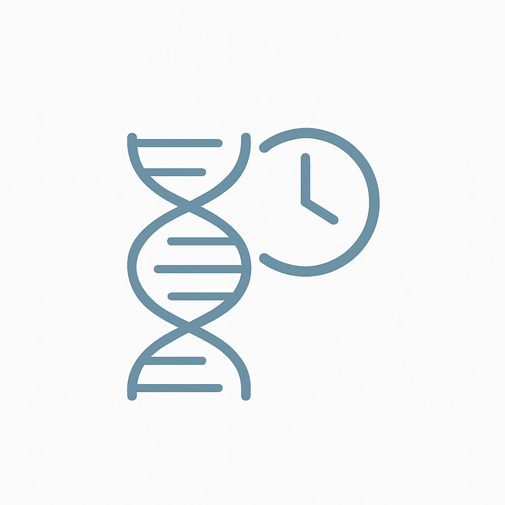 Blue DNA strand icon alongside a clock, symbolizing cellular repair and anti-aging support.