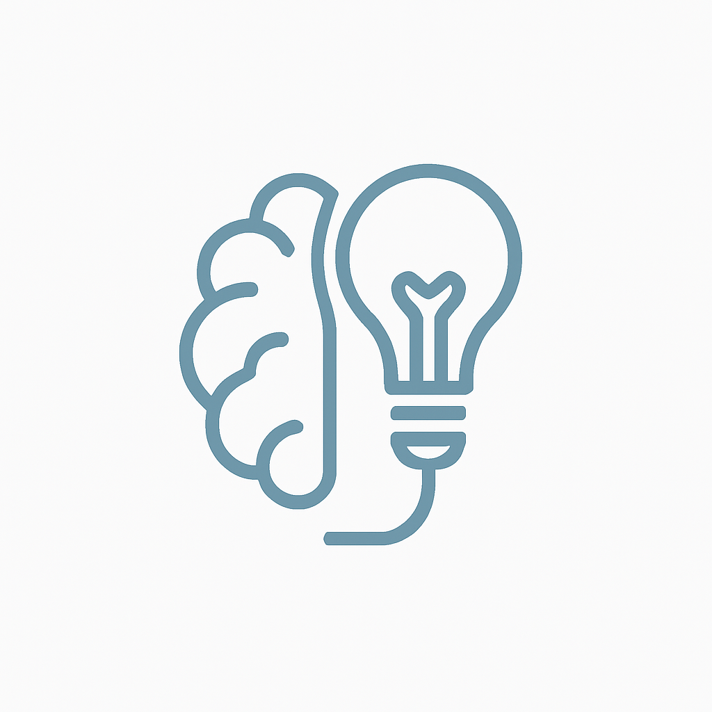 Icon of a brain connected to a light bulb in blue, illustrating mental clarity, memory, and focus.