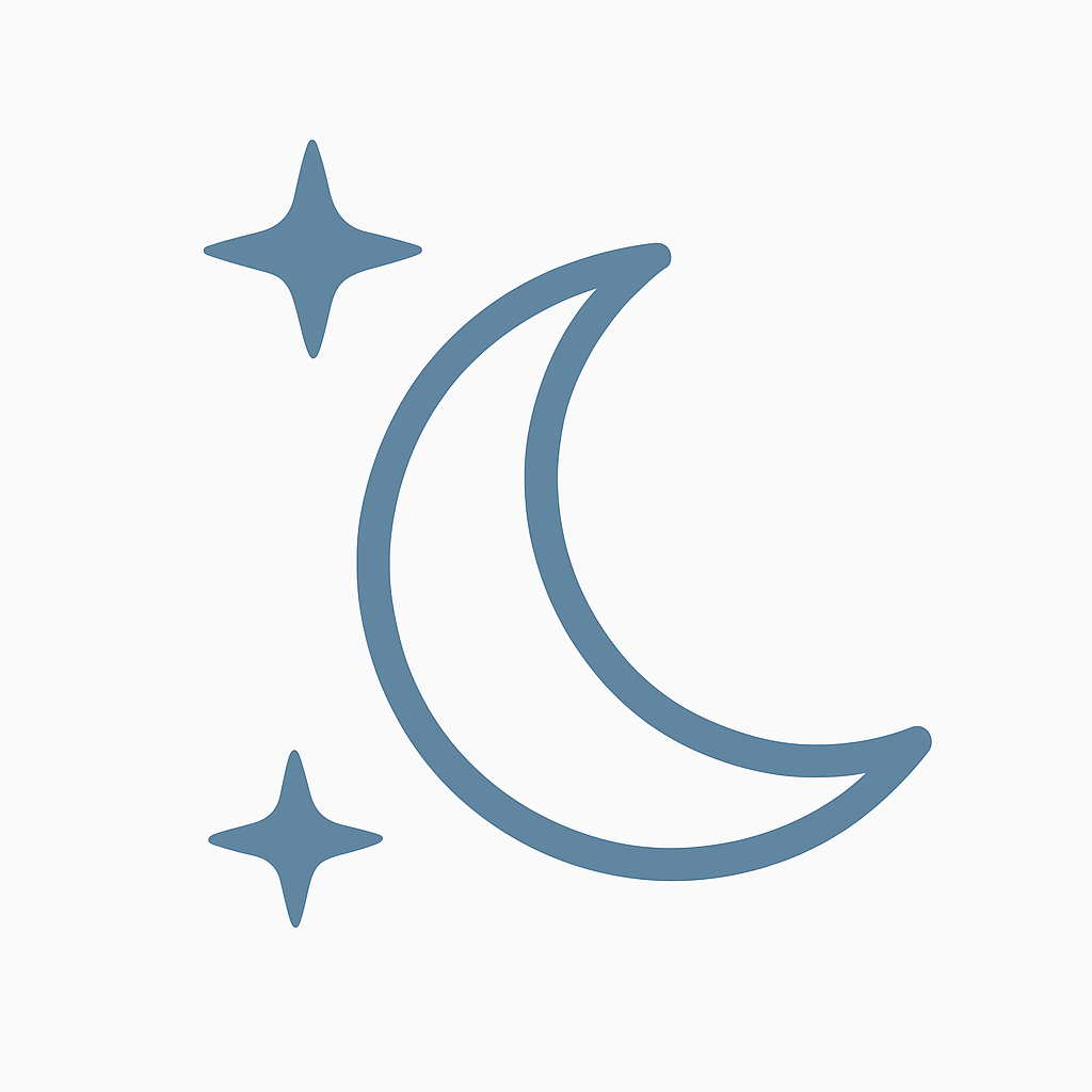 Icon of a crescent moon and two stars in soft blue, symbolizing restful sleep and circadian rhythm.
