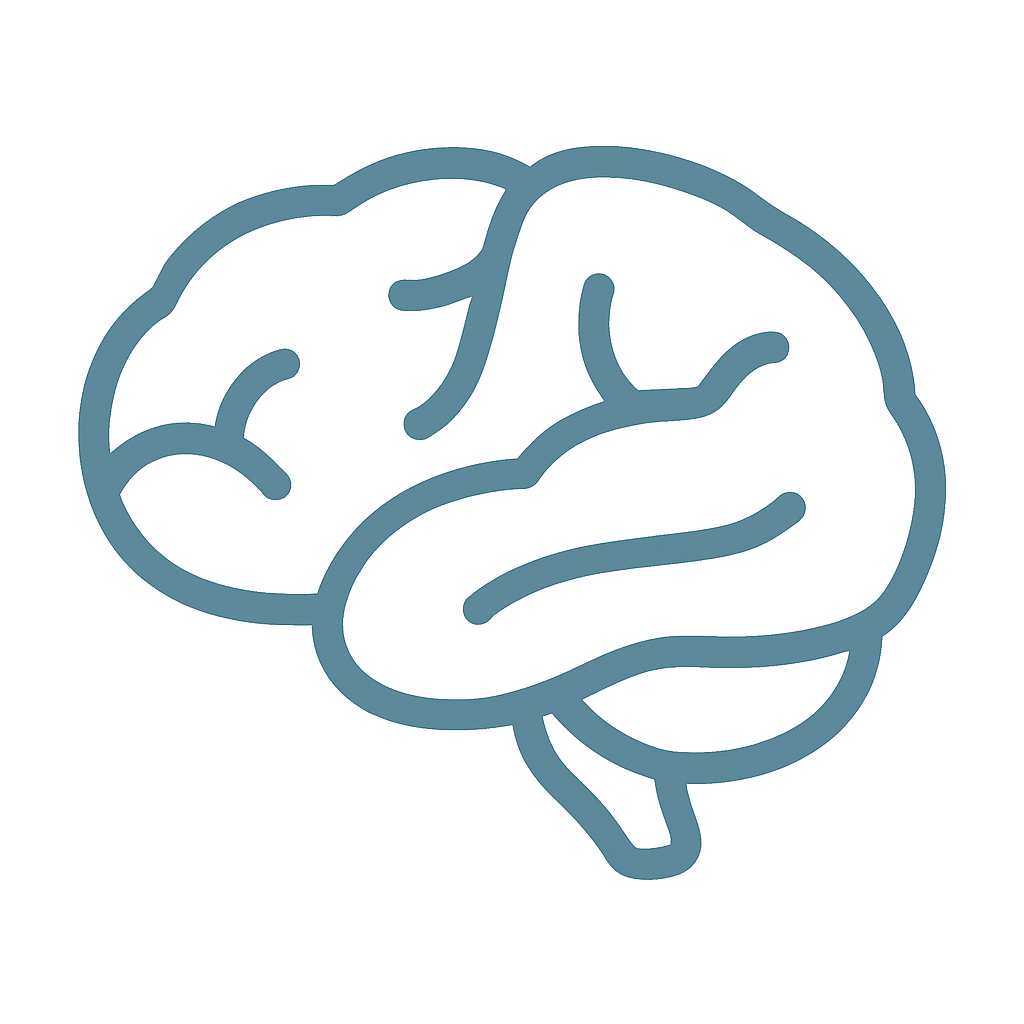 Line-style brain icon in muted blue, symbolizing cognitive function and neurological well-being.