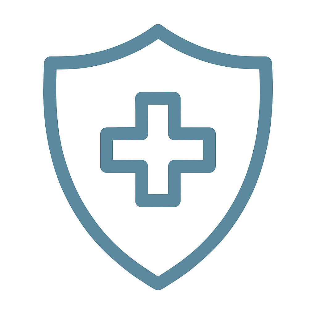 Minimalist shield and cross icon in blue, representing immune system protection and resilience.