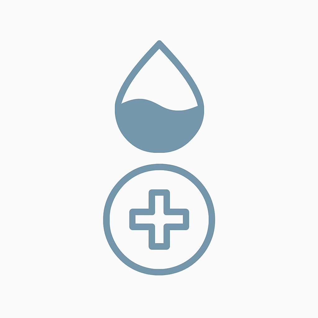 Icon of a water droplet above a medical cross in muted blue, symbolizing cellular cleansing and liver detox.